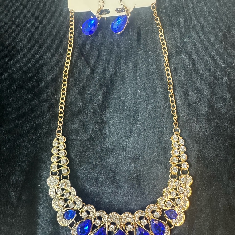 Fashion Jewelry Blue and Gold Necklace Set